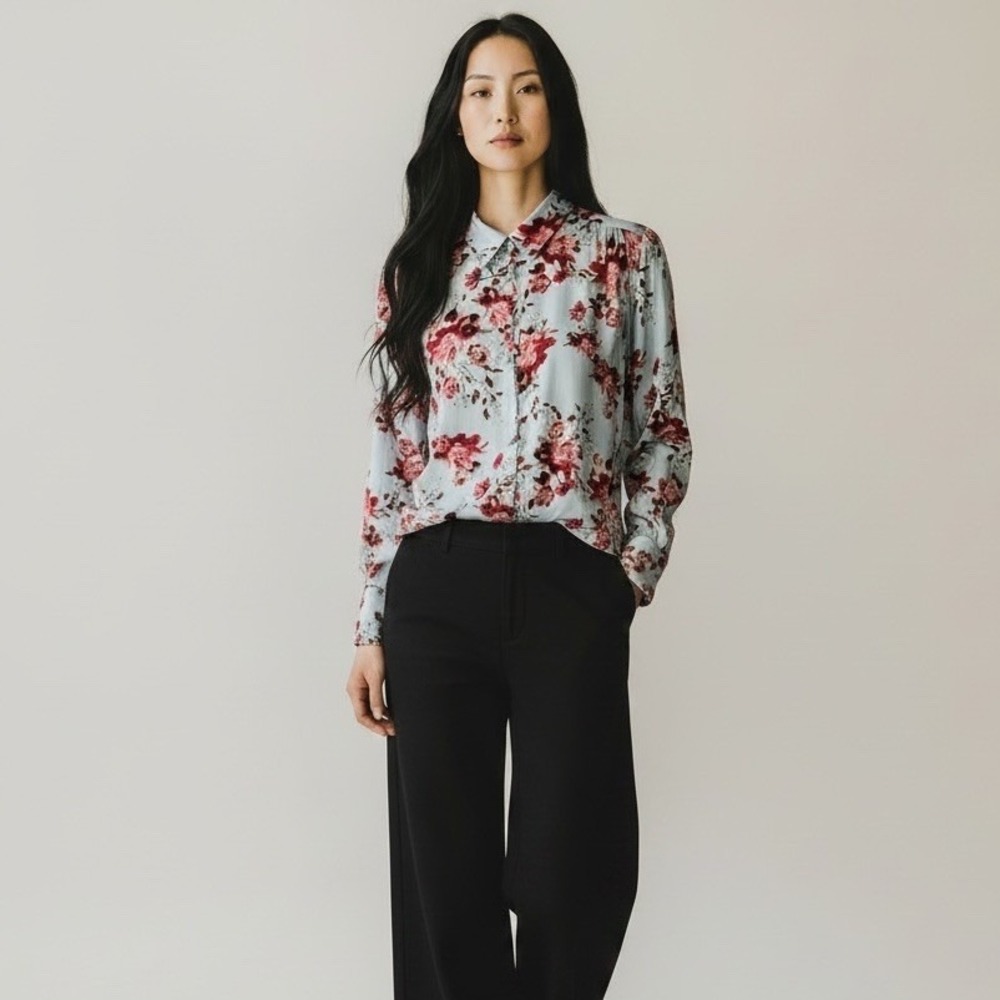Rose + Olive Satin Long Bishop Sleeve Flowy‎ Coastal Grandma Blouse Top XL. Blue